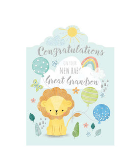 A cute fluffy lion has balloons tied to his tail on the front of this new baby card to celebrate the arrival of a baby great-grandson. Gold text on the front of the card reads "Congratulations on your new baby Great-Grandson".