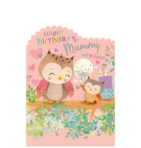 This adorable birthday card for a very special mummy shows a cartoon owl mother and child. Multi-coloured and silver text on the front of the card reads "Happy Birthday Mummy...with love"