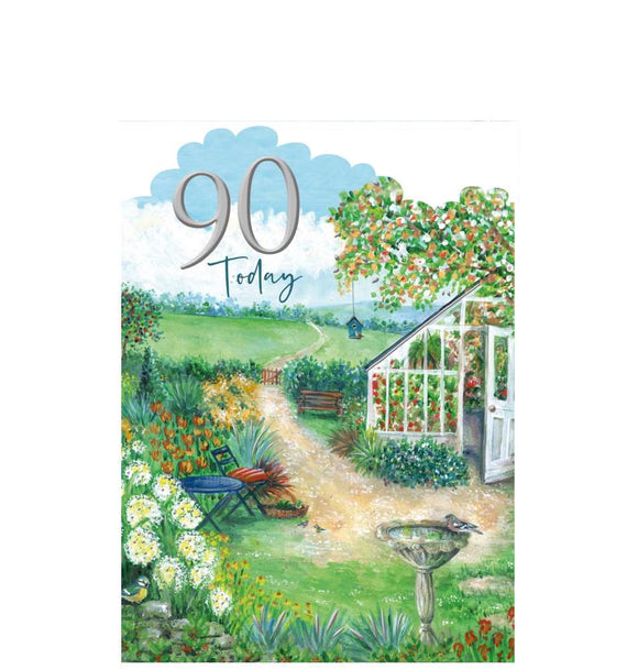 This 90th birthday card is decorated with a beautiful illustration of a much-loved garden. Silver and blue text on the front of the card reads 