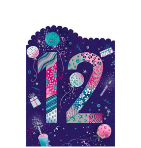 This die-cut 12th birthday card is decorated with a large 12 covered in pink, blue and silver patterns.