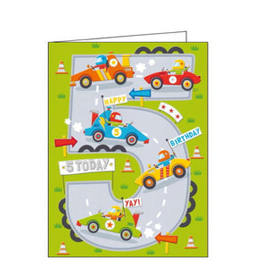 This 5th Birthday card is decorated with race cars speeding around a racetrack shaped like a number 5. The text on the front of the card reads "5 TODAY HAPPY BIRTHDAY YAY!"