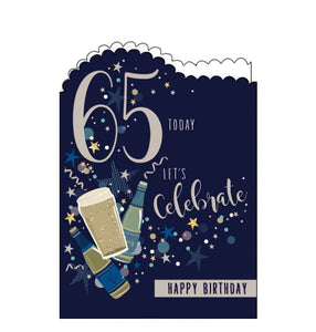 This 65th birthday card is decorated with two bottles and a pint of beer against a navy blue background. Silver text on the front of the card reads "65 today...let's celebrate..Happy Birthday".