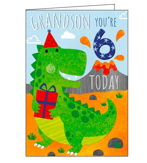 This 6th birthday card for a special grandson is decorated with a dinosaur, in a party hat, holding a birthday present. The text on the front of the card reads 