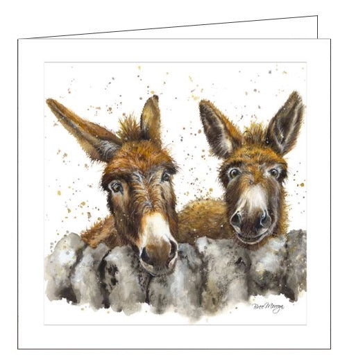 This blank card features Bree's illustration of Fred and Barney a pair of donkeys, looking over a dry-stone wall.