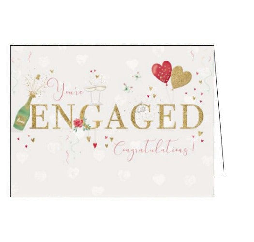 This lovely engagement card is decorated gold text that reads 