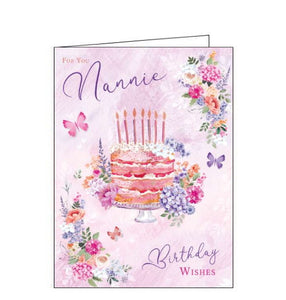 This birthday card for a special nannie is decorated with a beautiful tiered birthday cake, decorated with flowers and pink candles. The text on the front of the card reads "For you Nannie Birthday Wishes".
