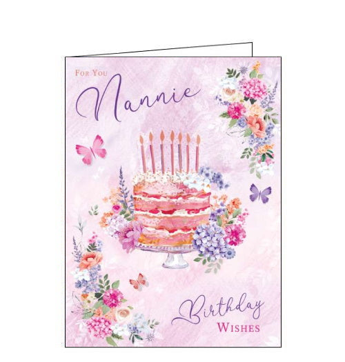 This birthday card for a special nannie is decorated with a beautiful tiered birthday cake, decorated with flowers and pink candles. The text on the front of the card reads 