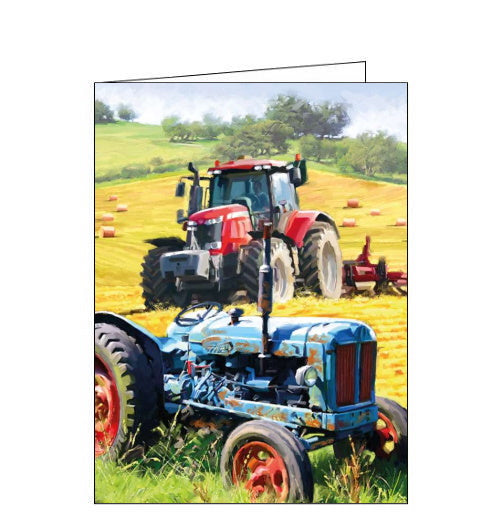 This birthday greetings card features a detailed artwork showing two tractors working out in the fields - one red tractor and one blue tractor.