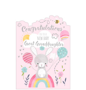 A new baby card to celebrate the arrival of a great-granddaughter, a cute grey rabbit sits on the top of a rainbow, holding pink and blue balloons. Silver text on the front of this card reads "Congratulations on your new baby Great Granddaughter". 