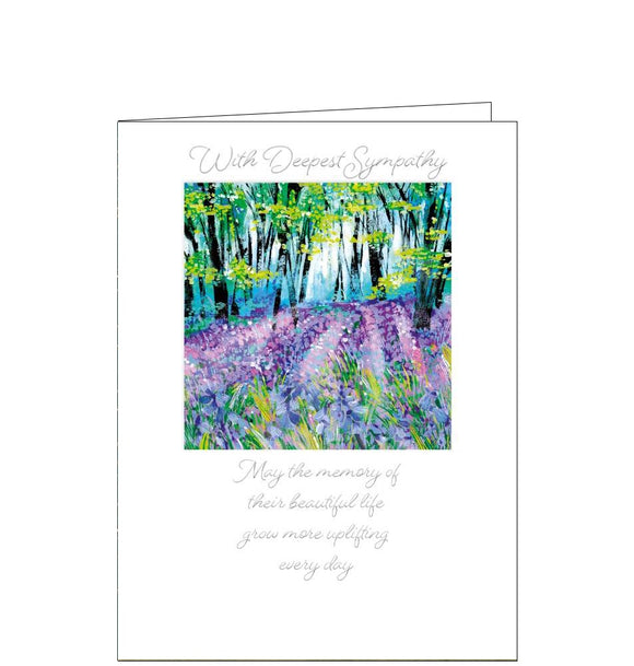 A beautiful, simple sympathy card to show the recipient that you are thinking of them at a difficult time. This sympathy card is decorated with an illustration by Jo Spicer showing bluebells carpeting a forest. Silver text on the card reads 