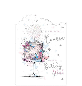 This birthday card for a special cousin is decorated with a beautiful birthday cake topped with a silver sparkler and adorned with pink and purple butterflies. The text on the front of the card reads "To a wonderful Cousin...make a birthday wish".