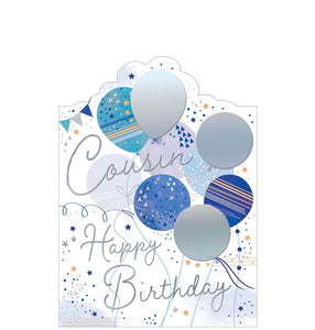 This birthday card for a special cousin is decorated with a bunch of blue and silver balloons. The text on the front of the card reads "Cousin...Happy Birthday".