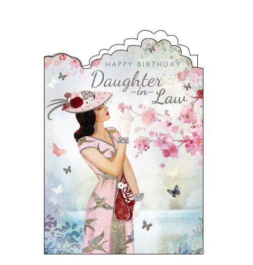 A stunning birthday card for an elegant Daughter in Law. An artwork by Claire Coxon on the shows a woman in a pink dress and hat reaching up to look at pink blossoms on a tree. Silver text on the front of the card reads 