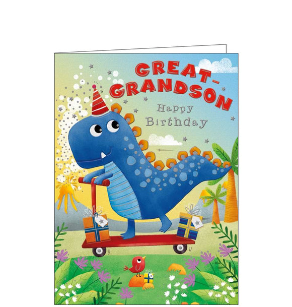 This birthday card for a special great grandson is decorated with a blue dinosaur wearing a party hat and riding a scooter loaded with presents. The text on the front of the card reads 
