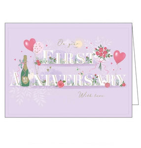 This first wedding anniversary card is decorated with white and gold text that reads "On you First Anniversary, with love", adorned with flowers, balloons, butterflies and champagne. 