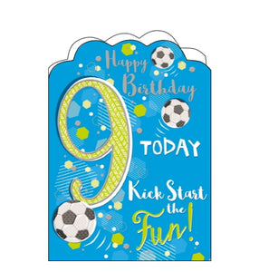 This blue 9th birthday card is decorated with a large embossed green "9", about to kick a football. Text on the front of the card reads "Happy Birthday 9 Today...kick start the fun!"