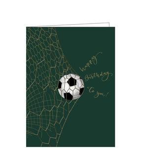 This stylish Birthday card is decorated with a football hitting the back of a goal net. Gold text on the front of the card reads "happy birthday to you!"