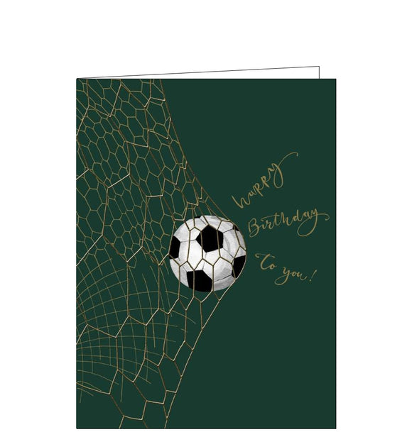This stylish Birthday card is decorated with a football hitting the back of a goal net. Gold text on the front of the card reads 