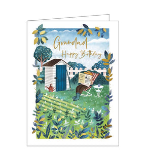 This birthday card for a special Grandad shows a beautiful garden, blooming with flowers. A gardener enjoys the fruit of their efforts, relaxing behind the paper in a deckchair. Gold text on the front of the card reads "Grandad...Happy Birthday."