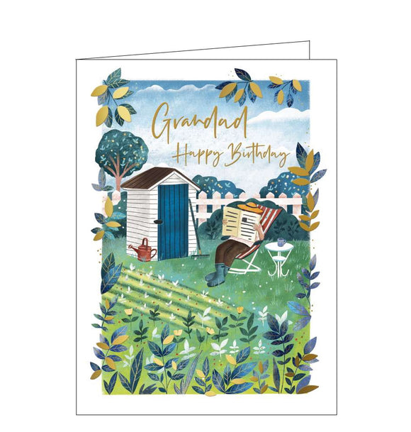 This birthday card for a special Grandad shows a beautiful garden, blooming with flowers. A gardener enjoys the fruit of their efforts, relaxing behind the paper in a deckchair. Gold text on the front of the card reads 