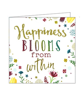 This cute little card is decorated with metallic and glittery stars, rainbows and clouds. Metallic, multicoloured text on the card reads "Happiness blooms from within".