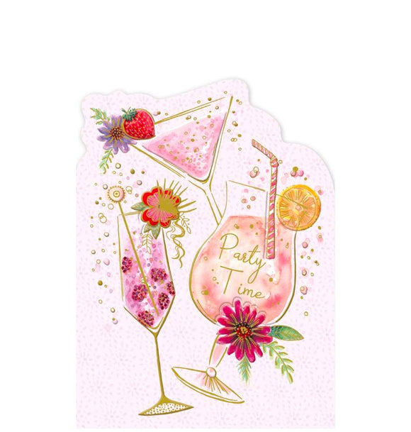 This bright and sparkly birthday card is decorated with gold foil cocktail glasses, filled with brightly coloured drinks and flowers. Text on the front of the card reads 