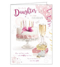 This elegant birthday card for a grown-up daughter is decorated with a pink birthday cake, topped with ribbons and candles, and to refreshing flutes filled with champagne. The text on the front of this birthday card reads "To a lovely Daughter on your Birthday...Blow out those candles, make wishes come true, For no-one deserves it more than you".