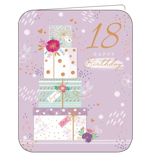 This 18th birthday card is decorated with a tall stack of beautifully wrapped pink, purple, green and rose gold birthday gifts. The text on the front of the card reads 