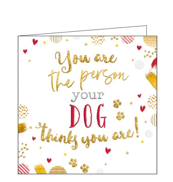This cute little card is decorated with metallic and glittery hearts and pawprints. Metallic, gold and red text on the card reads 