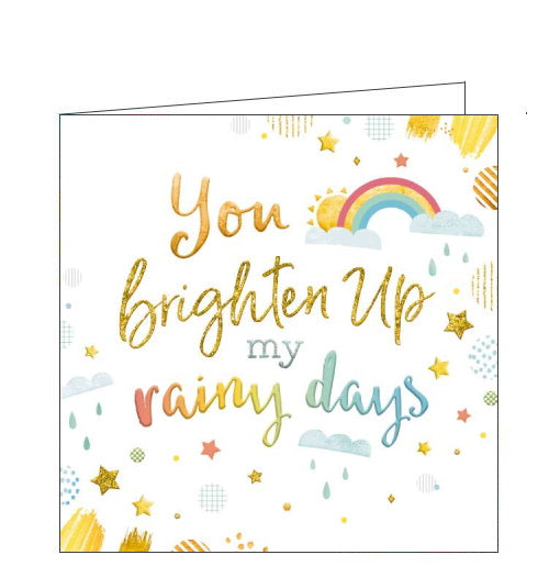 This cute little card is decorated with metallic and glittery stars, rainbows and clouds. Metallic, multicoloured text on the card reads 