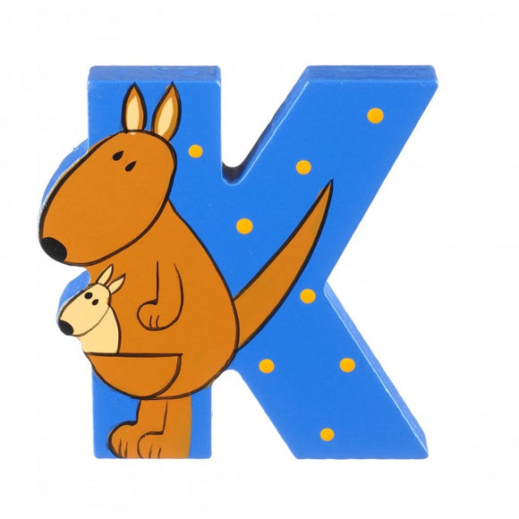 Letter K is painted in pale blue with orange polka dots and a kangaroo - with a joey in its pocket.
