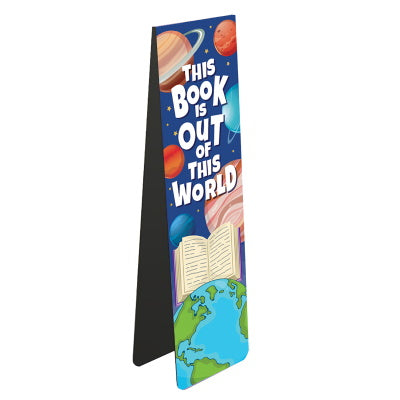 Perfect for young readers, this magnetic book mark is decorated with outer space - crowded with planets - and a book! Text on the bookmark reads 