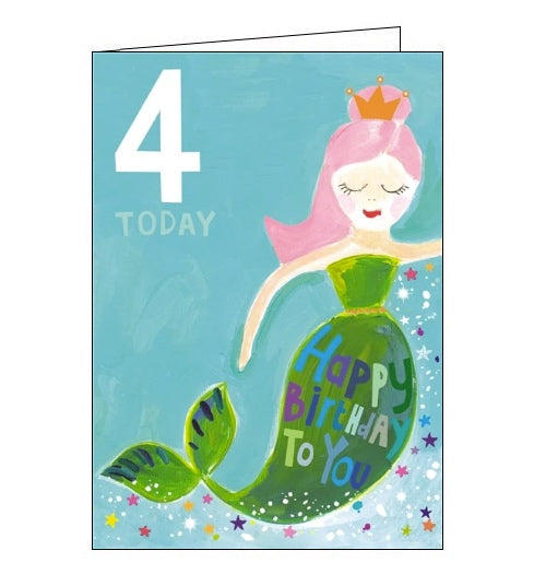 This 4th birthday card is decorated with a pink-haired mermaid with a green tail and an copper crown. Metallic text on the mermaid's tail reads 