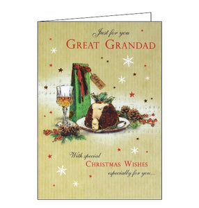 This Christmas card for a special great-grandad is decorated with a festive feast of sherry and a christmas pudding. The text on the front of the card reads "Just for you Great Grandad with special Christmas wishes especially for you..."