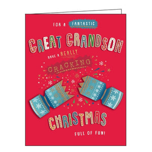 This Christmas card for a special great-grandson is decorated with colourful text that reads "To a fantastic Great Grandson, have a really brilliant Christmas full of fun".