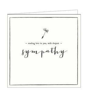 This elegant sympathy card by Alice Scott for Pigment Productions is decorated with embossed black text on a plain cream background. The text on the front of this card reads “sending love to you, with deepest sympathy”.
