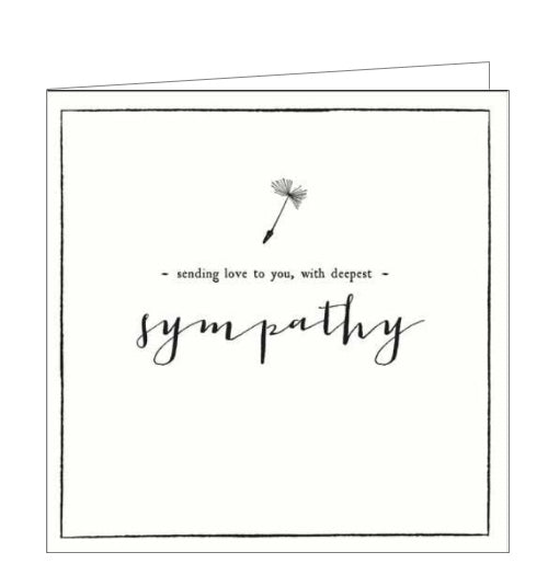 This elegant sympathy card by Alice Scott for Pigment Productions is decorated with embossed black text on a plain cream background. The text on the front of this card reads “sending love to you, with deepest sympathy”.