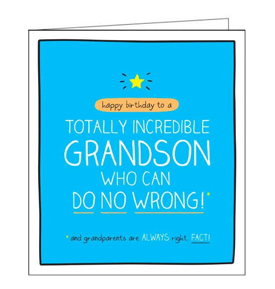 This birthday card for a special Grandson is from the fun Happy Jackson card range bursting with bright colours and cheeky captions. White text on a bright blue background reads "Happy Birthday to a Totally Incredible Grandson who can do no wrong! And grandparents are ALWAYS right. FACT!"