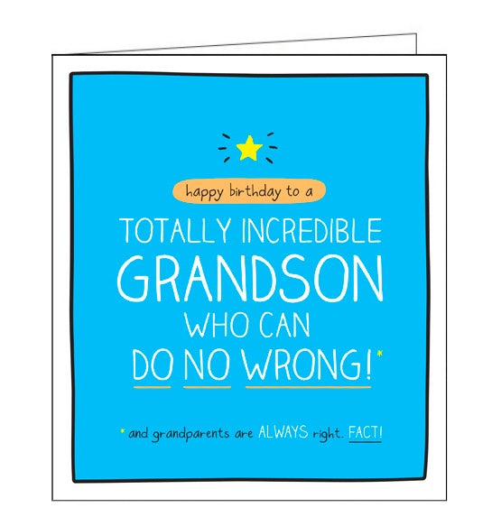 This birthday card for a special Grandson is from the fun Happy Jackson card range bursting with bright colours and cheeky captions. White text on a bright blue background reads 