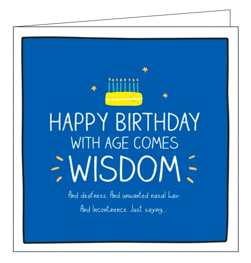 Cheeky birthday card from Pigment Productions fun Happy Jackson card range, bursting with bright colours and cheeky captions. White text on a bright blue background reads 