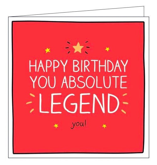 This birthday card from the fun Happy Jackson card range, features bright backgrounds and contrasting text. White text on a bright red background reads 