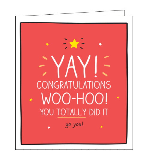 This congratulations card from the fun Happy Jackson card range bursting with bright colours and cheeky captions. White text in front of a red background reads 