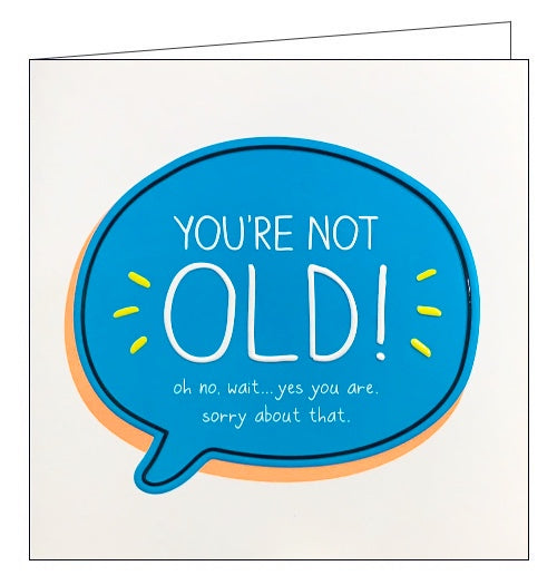 This birthday card from the fun Happy Jackson card range, features bright backgrounds and contrasting text. White text in a bright blue speech bubble reads 