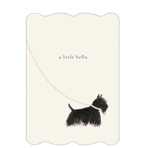 This elegant greetings card card is made with heavy, creamy coloured card and has scalloped edges. The card is printed with a cute little scottie dog on a golden lead, with text that reads 