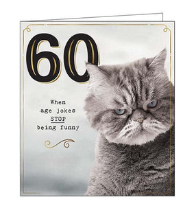 This witty 60th Birthday card features a photograph of a grumpy looking cat. Elegant black and gold text on the card reads "60....when age jokes STOP being funny".