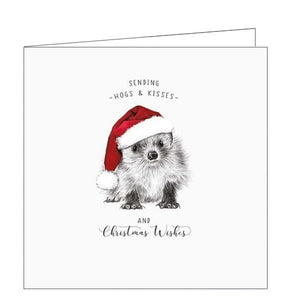 This Christmas card from Pigment Production's Life in Pencil card range is decorated with a black and white sketch of baby hedgehog, wearing a santa hat. The caption on the front of the card reads "Sending hogs & kisses and Christmas Wishes".