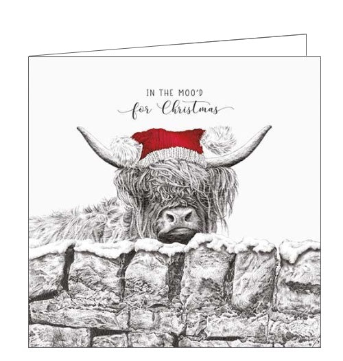 This Christmas card from Pigment Production's Life in Pencil card range is decorated with a black and white sketch of a shaggy highland cow wearing a santa hat. The caption on the front of the card reads 