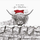 This Christmas card from Pigment Production's Life in Pencil card range is decorated with a black and white sketch of a shaggy highland cow wearing a santa hat. The caption on the front of the card reads "In the moo'd for Christmas."
