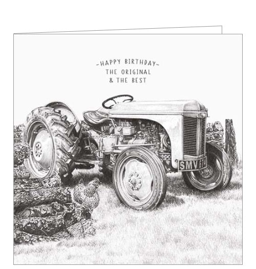 This sweet greetings card from Pigment Production's Life in Pencil card range is decorated with a black and white sketch of a tractor. The caption on the front of the card reads 