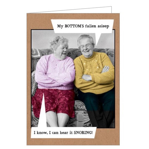 This funny blank card features a vintage, colourised photograph otwo older people sitting on a sofa. One says 